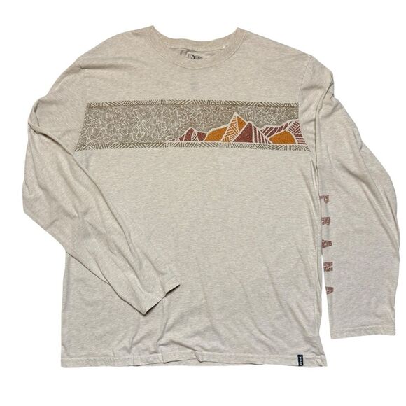 PrAna Men's Beige Long Sleeve Crew Neck T-Shirt Spell Out Sleeve Size XXL - Picture 1 of 8